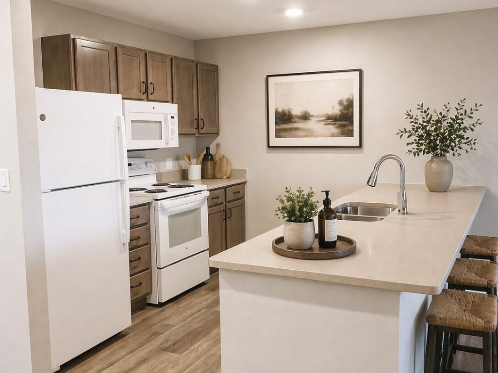 Modern kitchen with wooden cabinets and appliances.
