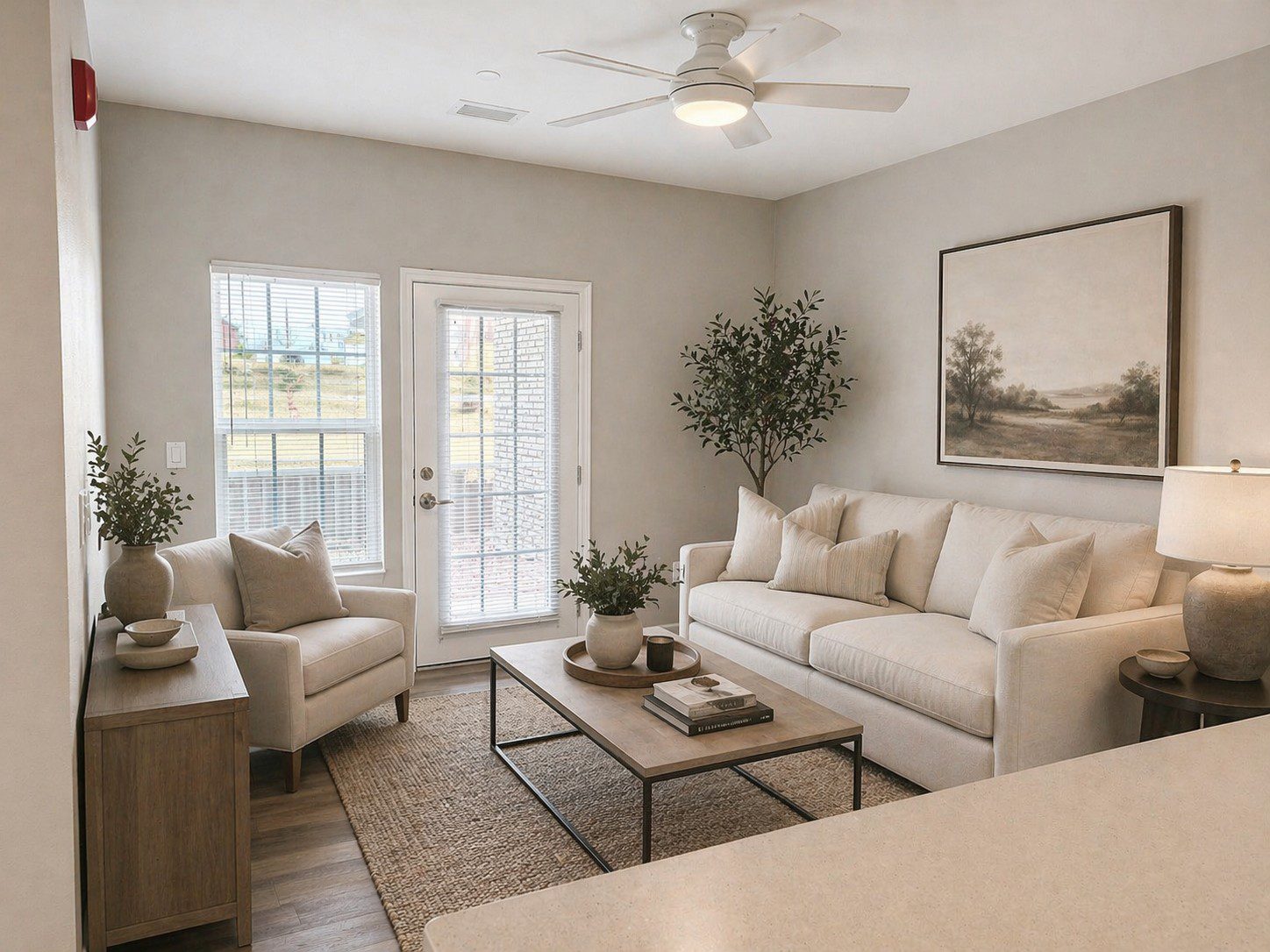 Cozy modern living room with natural light.