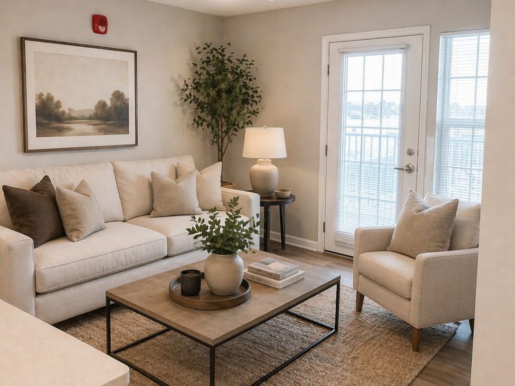 Cozy living room with neutral decor elements.