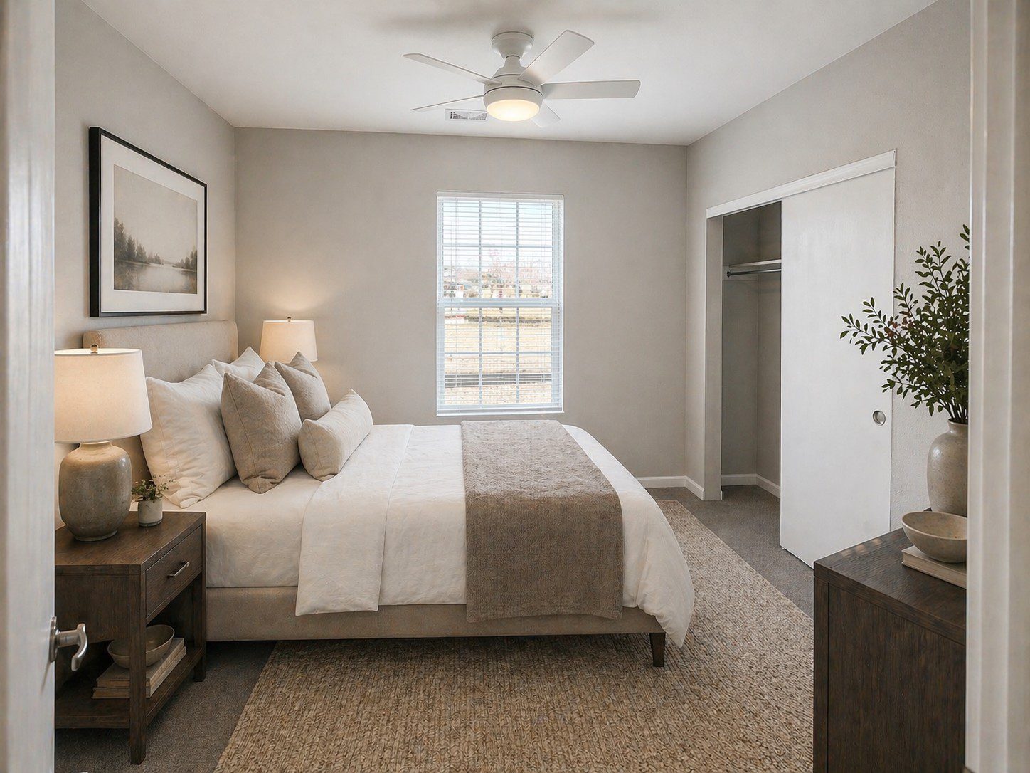 Cozy modern bedroom with natural light.