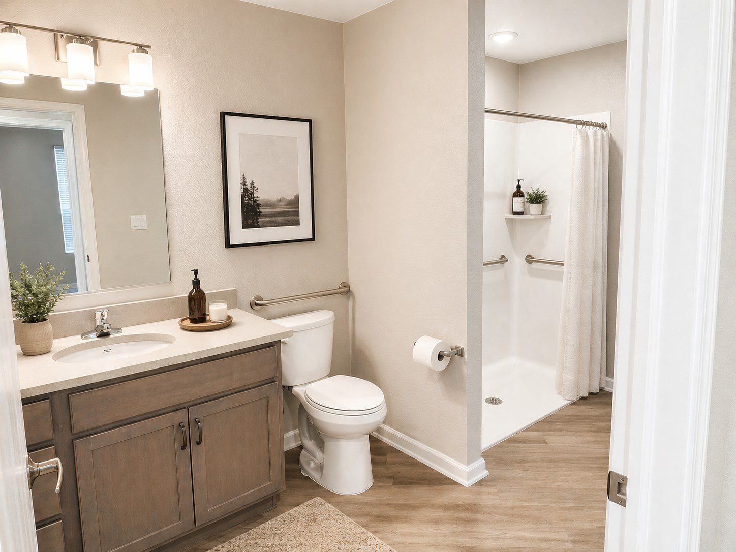 Bright bathroom with modern fixtures and decor.