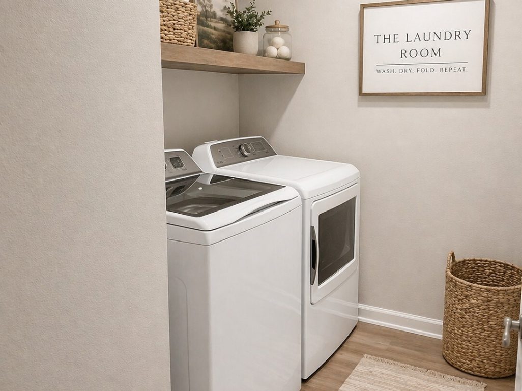 Bright laundry room with modern appliances and decor.