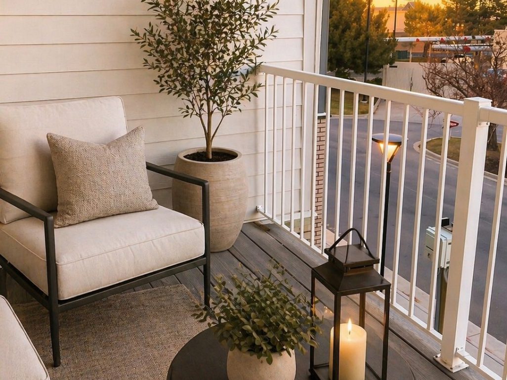 Cozy balcony with plants and comfortable seating.