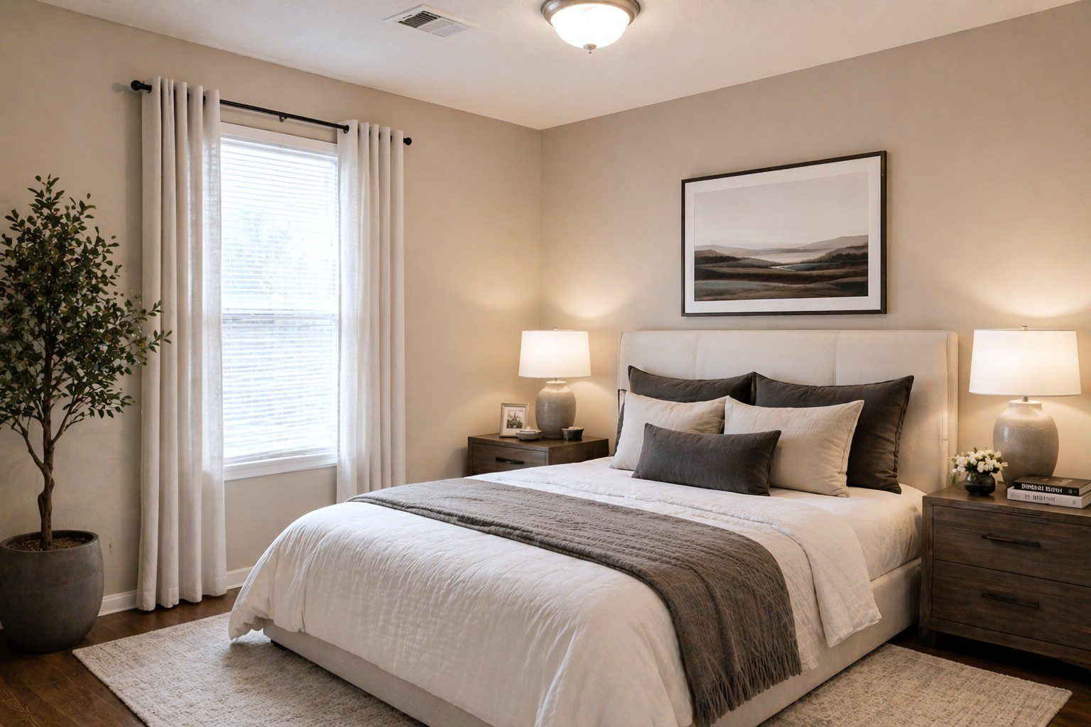 Cozy bedroom with neutral tones and decor.