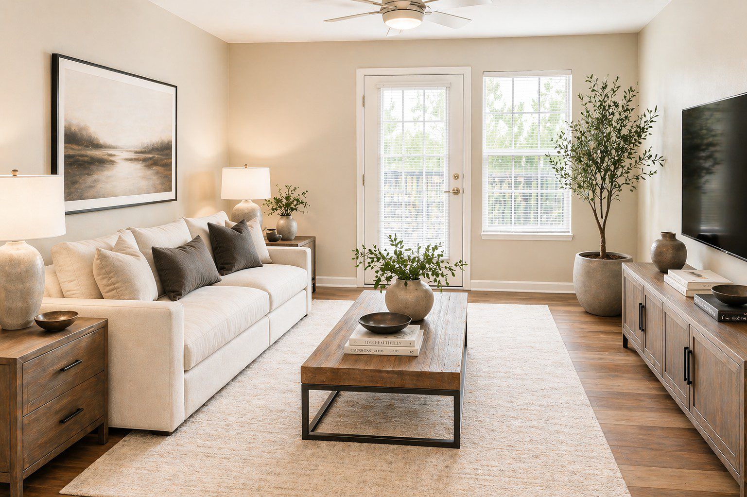 Cozy living room with plants and natural light.