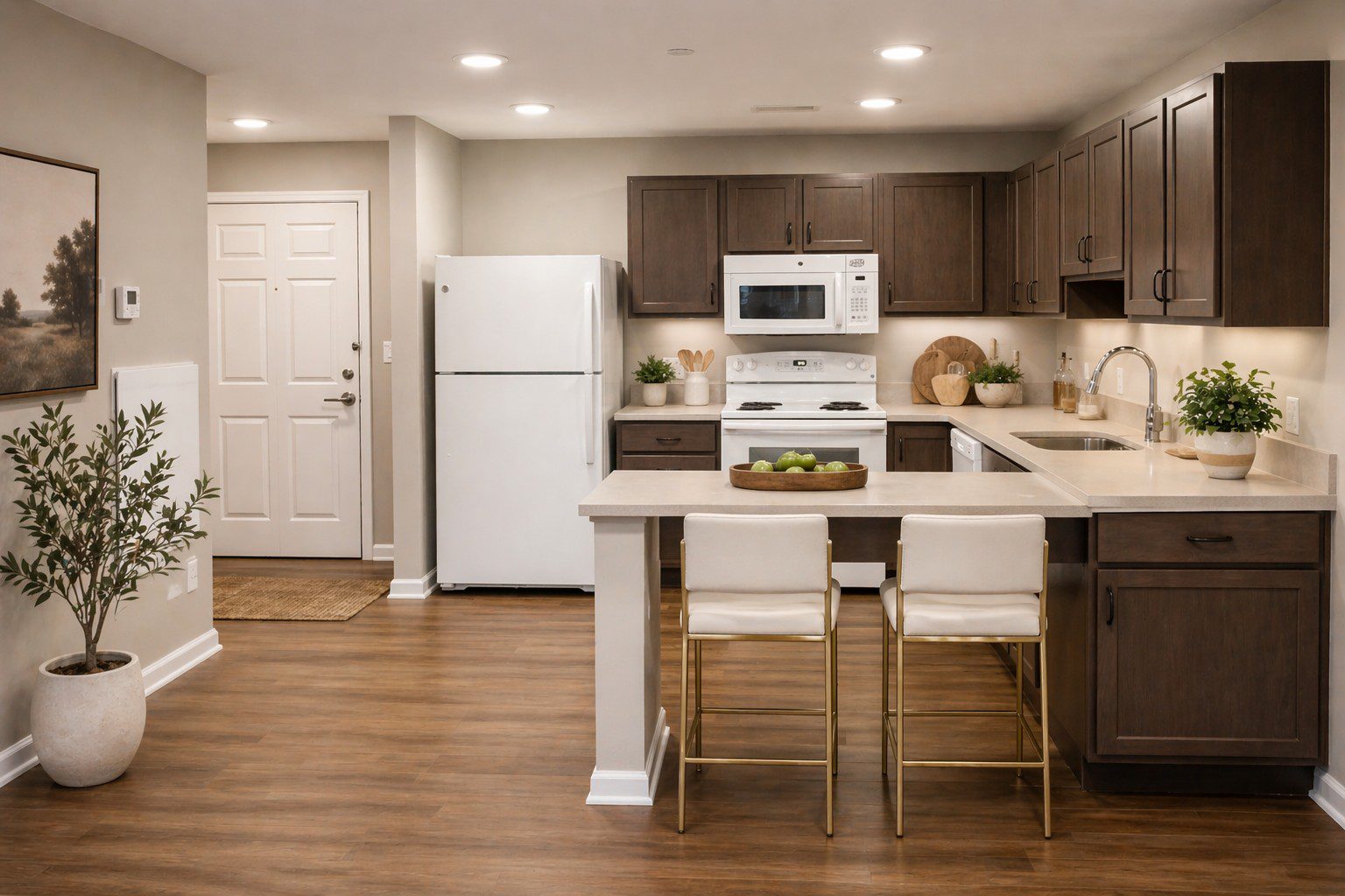 Modern kitchen with white appliances and seating.