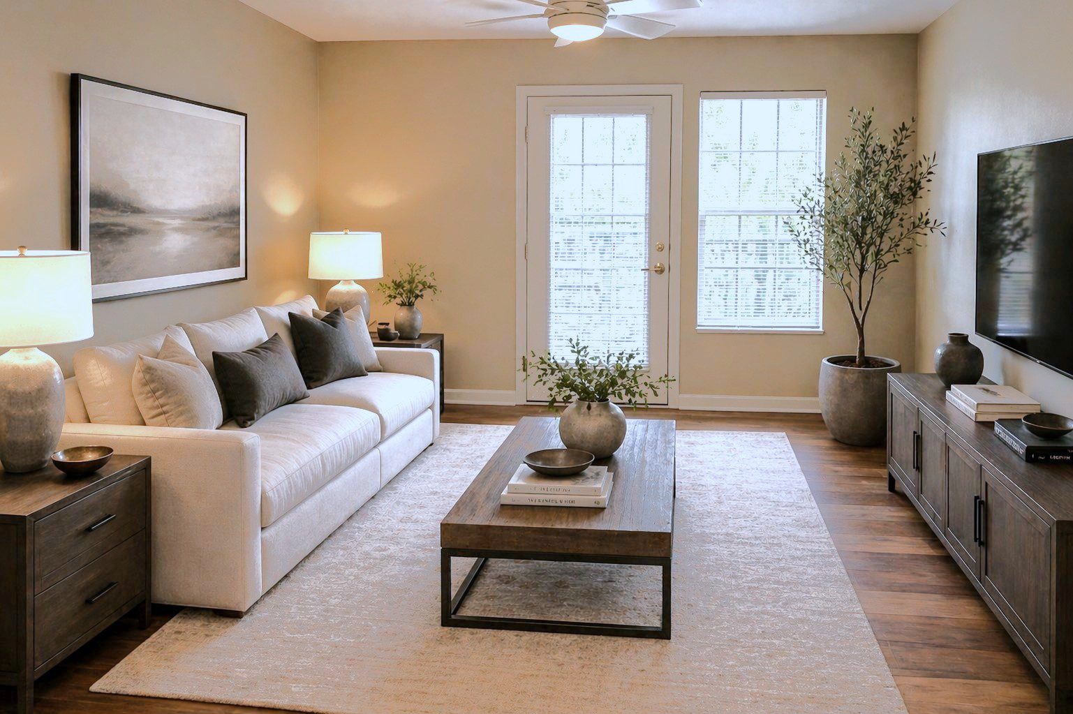 Cozy living room with soft furnishings and decor.
