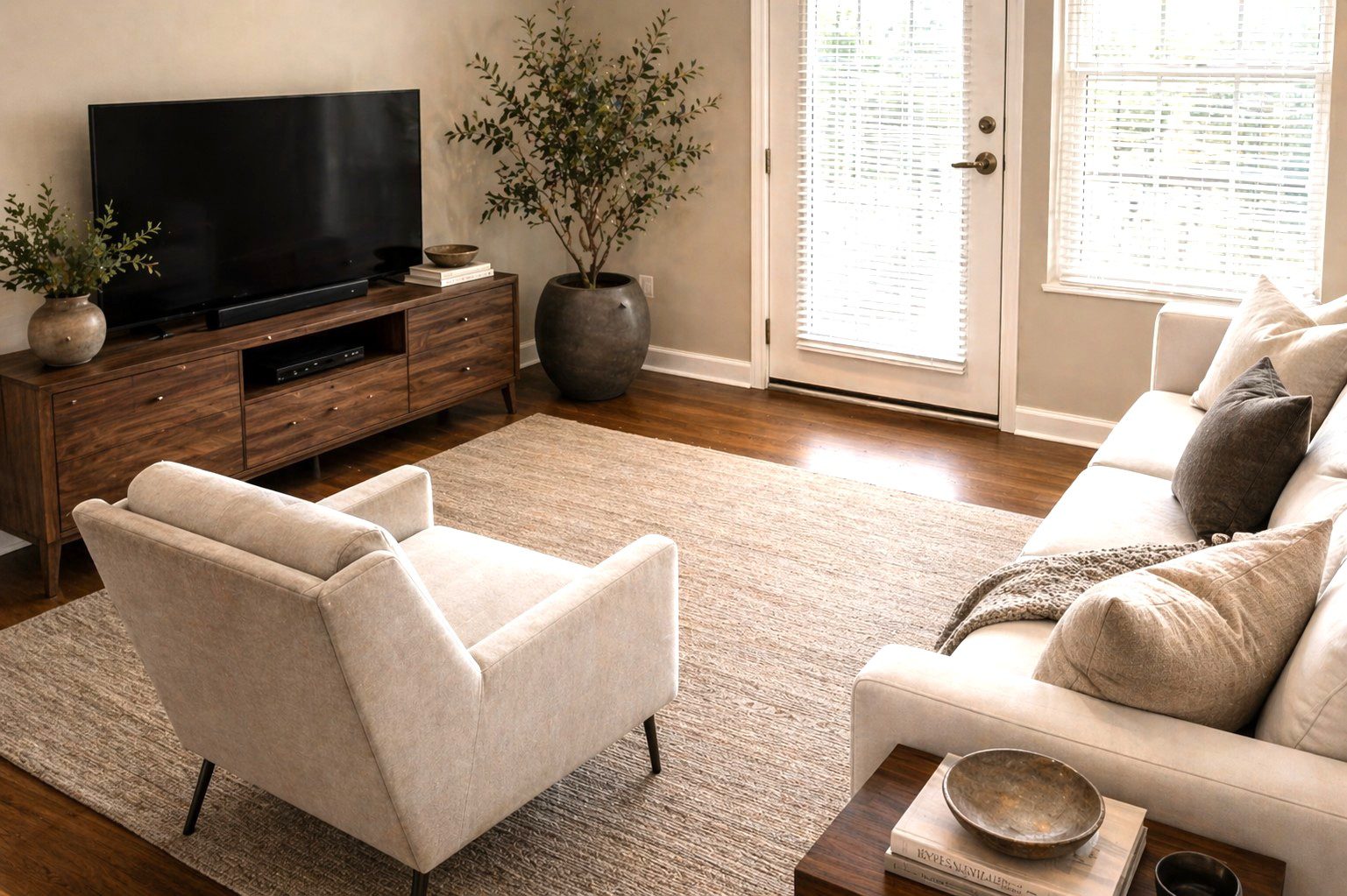 Cozy living room with TV and plants.