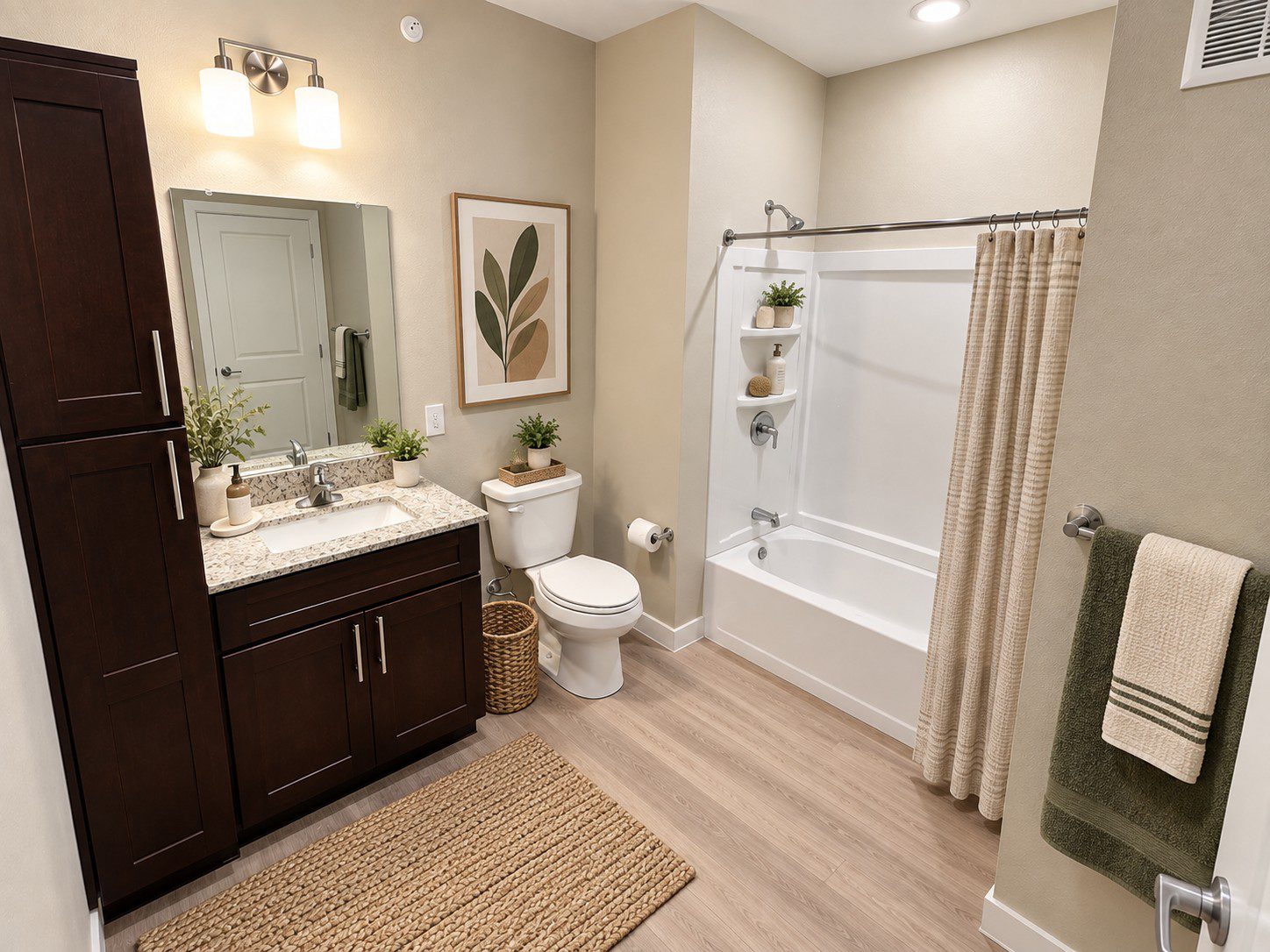 Modern bathroom with a vanity and tub.