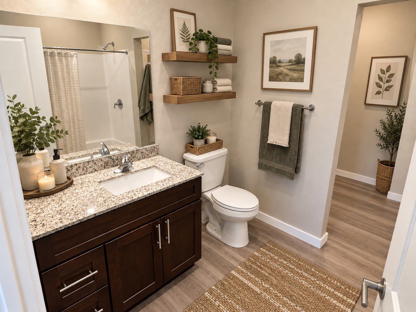 Modern bathroom with wood accents and plants.