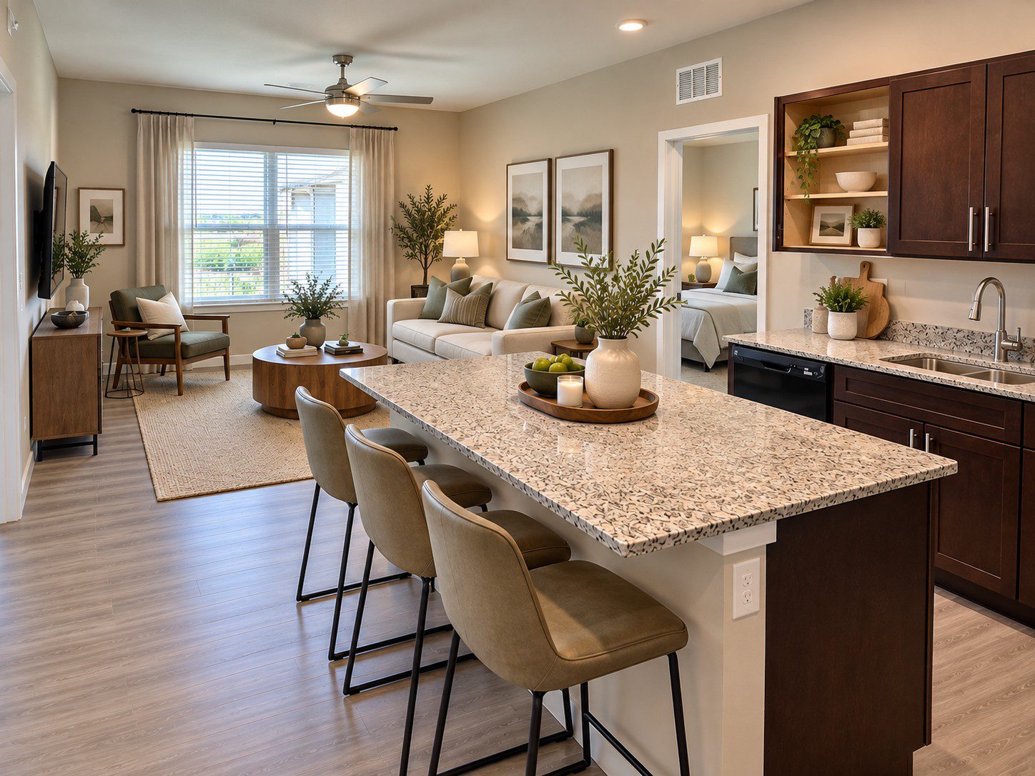 Modern kitchen and living room interior design.