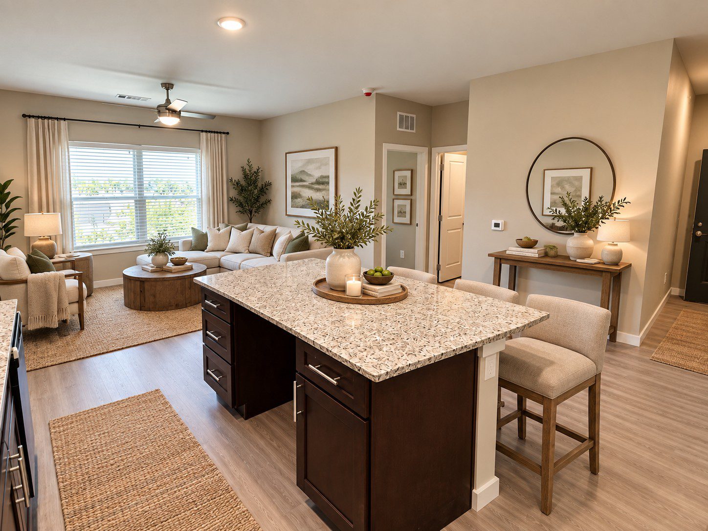 Modern living room with kitchen island.