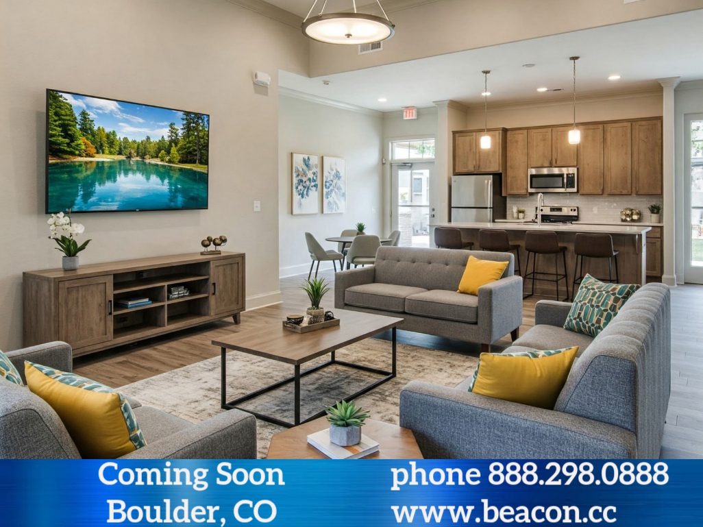 Modern furnished living room with open-concept kitchen