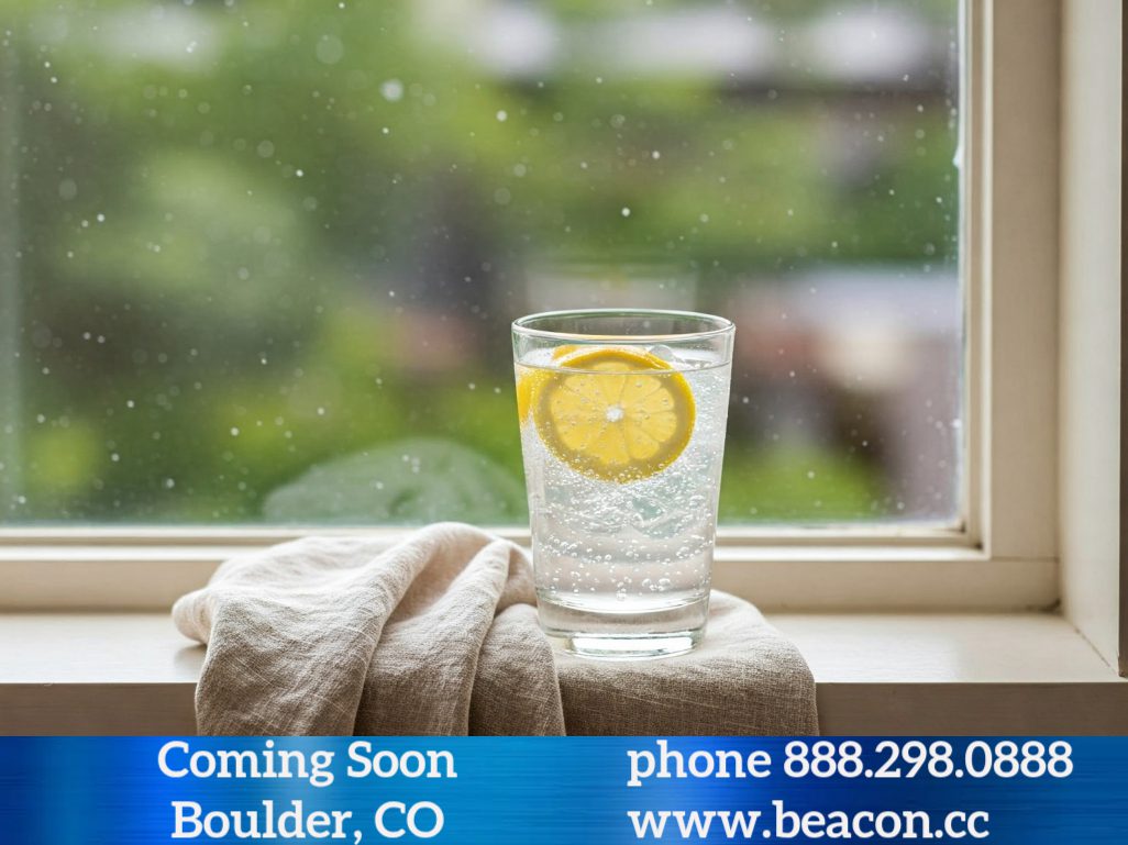 Sparkling lemon water on rainy windowsill