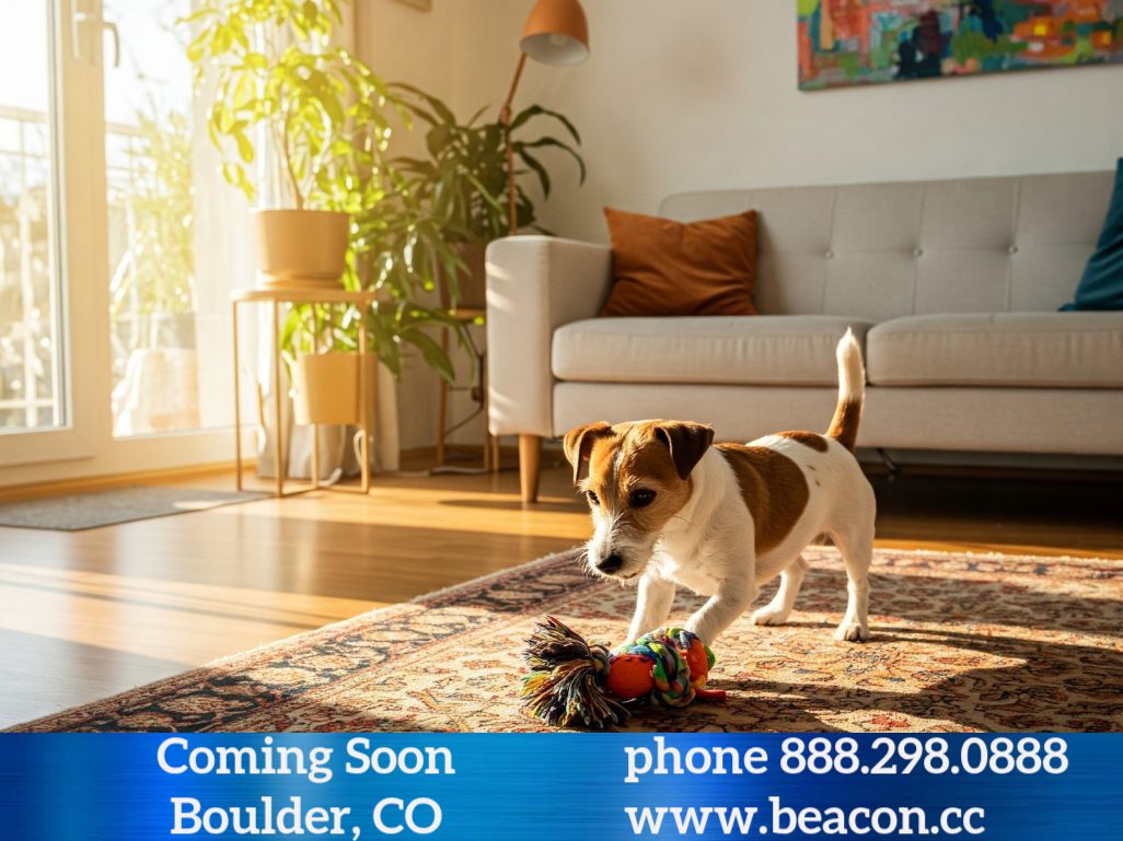 Dog playing with toy in sunlit living room