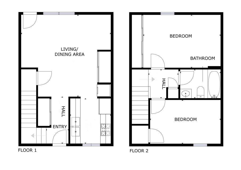 Town View 2 bed 1 bath floor plan with two levels